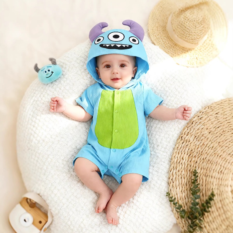 Cotton Baby Onesies Zipper - 신생아 블루 몬스터 롬퍼 반소매 후드