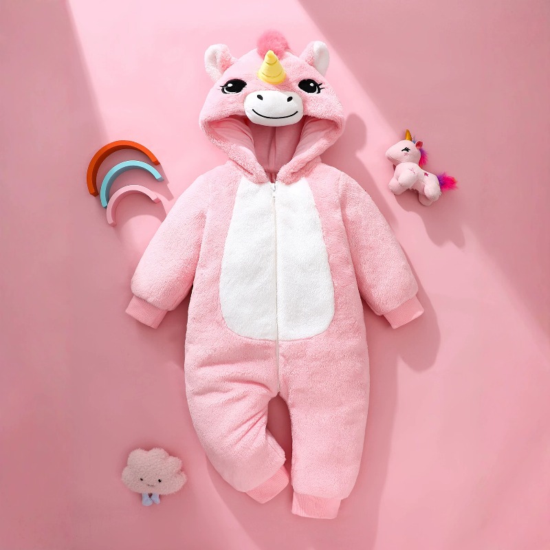 Cotton Baby Onesies Zipper - 신생아용 핑크 유니콘 롬퍼 지퍼 후드