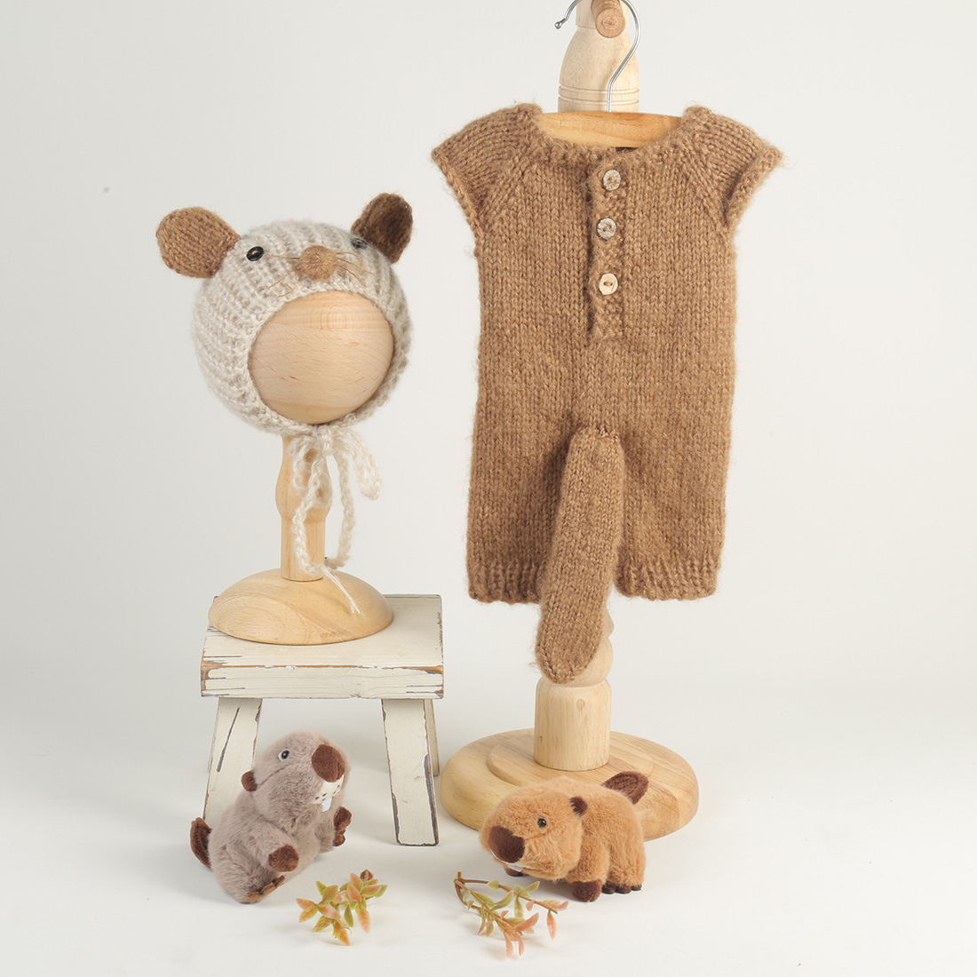 Infant Photography Props Outfit - 니트 비버 신생아 사진 소품 세트,