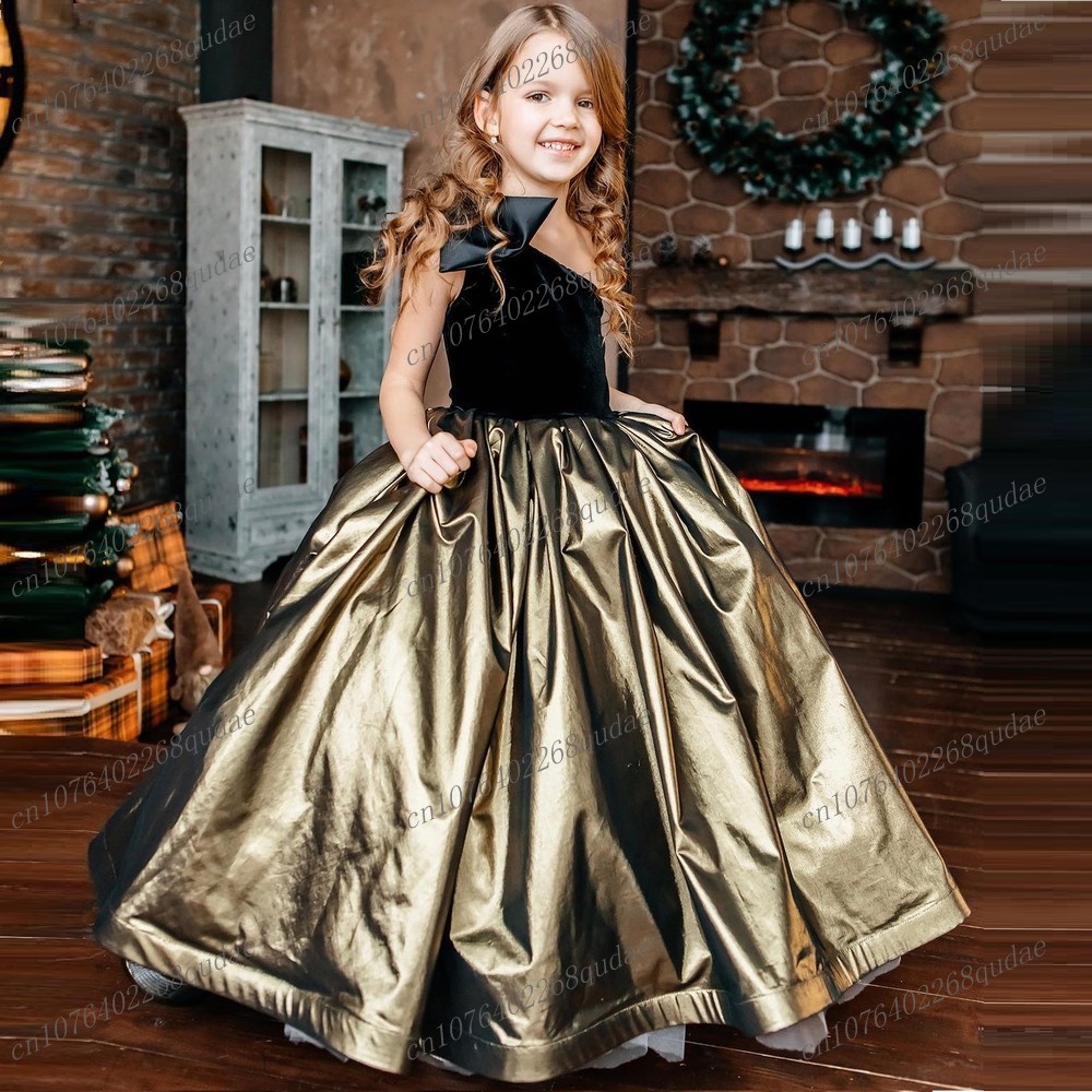 Toddler Girl Tulle Party Dress - 새로운 검은색과 금색 새틴 소재의 꽃무늬
