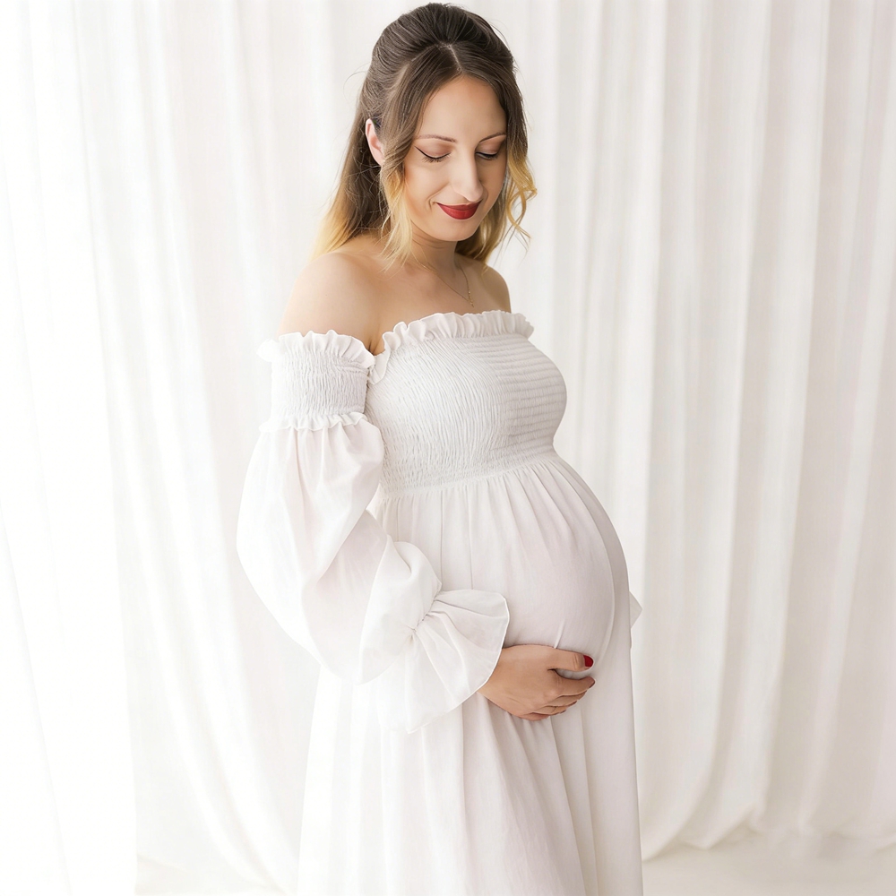 임산부 드레스 사진 촬영용 흰색 오프숄더 러플 퍼프 소 - Maternity Wear 리뷰 및 가격