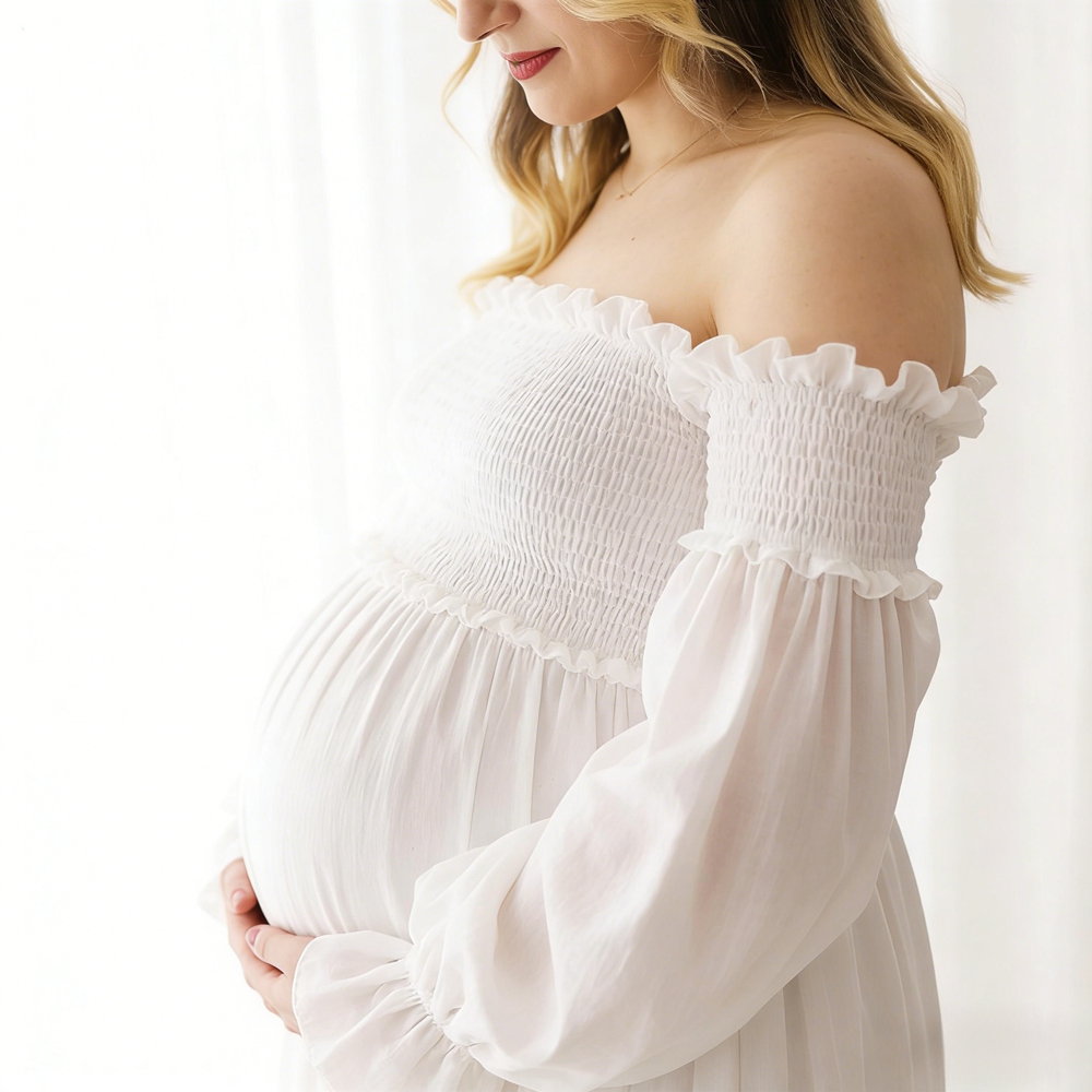 임산부 드레스 사진 촬영용 흰색 오프숄더 러플 퍼프 소 - Maternity Wear 리뷰 및 가격